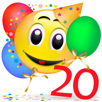 Smiley mit Luftballons und der Zahl 20
