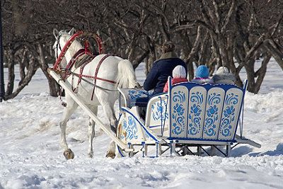 Familie zu Weihnachten in Russland in einem Schlitten